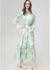 Women's Runway Dresses Turn Down Collar Long Sleeves Printed High Street Fashion Maxi Vestidos with Belt