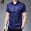 Koszule nowe letnie sukienki z krótkim rękawem Mężczyźni Silk bawełniany modny nadruk swobodne koszule Slim Fit Chemise Homme Men Odzież C779