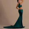 Sexy Long One Shoulder Green Prom Dresses Mermaid Satin Zipper Back Pleated Sweep Train Evening Dresses for Women