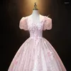 Party Dresses Ofallsis Pink V Neck Brodery Puff Sleeve Aftonklänning 2024 Hösten French Style Fairy Solo Vocal Art Test