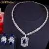 Halsband cwwzircons glänsande vitguldfärg Royal Blue Cz Stone Women Luxury Wedding Halsband och örhängen smycken Set för brudar T495