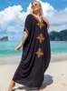 Causal Embroidered Vneck Black Plus Size Kaftan Dress For Women 2024 Summer Boho Clothes Beach Wear Maxi Dresses Robe Q1373 240419