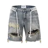 High Street Big Hole Polyvolet Shorts en denim en vrac Slatt American Fashion Burr Edge suspendu barbe Lavé 240417