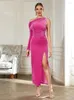 Casual Dresses Elegant Rose Red One Shoulder Women Maxi Velvet Sexy Off Fashion Ruched Split Bodycon Evening Club Party Dress