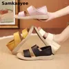 Sıradan Ayakkabı 35-42 Kadın Sandalet Yaz Düz Platformu Kadın Deri Peep Toe Slip-On Yumuşak Çözülmüş Düz Renk Plajı Zapatillas 3