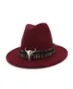 Unisex bred brim cowboy fedora hat tjur huvud dekoration män kvinnor ull filt trilby gambler hattar jazz panama caps286s4263663