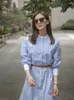 Casual Dresses Dress Women's Blue and White Standed Shirt French Spring Autumn Midje Stängstil Långa kvinnor