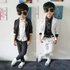 T-shirts Striped Child Blazers Suit (jacket Shirts Pant Brooch) Teen Boys Prom Suit Kids Costumes Slim Baby Kids Suit Black/white