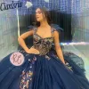 Marineblauwe illusie bloemen borduurwerkbaljurk Quinceanera -jurken met cape kristal sweet verjaardagsvestidos de 15 anos