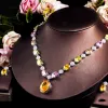 Halsband Multicolor Big Yellow Round Drop Cubic Zirconia Stone Women Wedding Party Halsband och örhängen Eleganta brudar smycken Set T0831