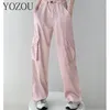 Yozou luxe zijden gorpcore vaste roze trekkoord vloeibare baggy lading broek vrouwen zwarte beige grijze streetwear broek bodems 240420