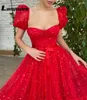 Abiti da festa in tulle rosse stelle scintillate innamorate -abito da ballo lunghezza sottile fiocrimo a maniche gonfie vestido longo festa