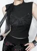 Women's Tanks Y2K Goth Black Lace-up Butterfly Embroidery Tank Tops Vintage Aesthetic Lace Mesh Corset Crop Women Summer Fashion Top