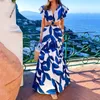 Robes de fête Femmes Imprimez Long Robe une ligne Maxi Elegant Hollow Out Sleeve V Neck Floral plage décontractée Versidos 2024 Vestidos 2024