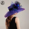 FS Purple Organza Carnival Cap Hats for Women with Mesh Flower Wedding Bride Church St Patricks Fedoras 240401