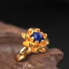 Ringar 925 Sterling Silver Lapis Lazuli Lotus Flower Open Rings for Women High Quality Fashion Style Lady Freshwater Pearls Jewelry