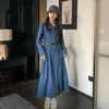 Casual Dresses Long Sleeve Lapel Shirt Denim Dress for Women 2024 Autumn Elegant Vintage Slim Fit A-Line Maxi Female 0806