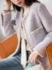 Damesjas kleine geur lavendel paarse tweed Cardigan jas tops 2024 herfst winter korte Koreaanse mode vrouw kleding 240422