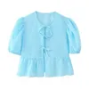 Women's Blouses Summer Cardigan With Strap Design Stylish Plaid Print Ruffle Hem Tops Lace-up Closure Trendy O-neck Puff For