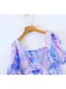 Платья для вечеринок 2024 летние женщины элегантная квадратная шея пурпурное акварельное печатное припечаток