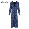 Robes décontractées Foridol V Neck Floral Print Slit Long Robe Femme Vintage Sleeve Boho Printemps Automne Rucched Maxi Blue Party 2024