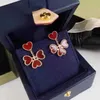 Designer Charm Van Love Earrings 925 Sterling Silver Flower Vol met 18K Gold Four Red Chalcedony Heart Pendant