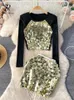 Robes de travail Singreiny American Sequins Two Pieces Costumes Fashion O Col à manches longues Patchwork Tops Skinny Bodycon Jirt Femmes Sexe SETS