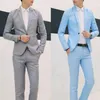 Costumes masculins 2pcs Men de mode bouton de couleurs de couleurs solides à manches longues pantalon de costume de blazer mince en laine de laine en laine tweed