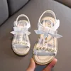 6PSR Sandals Girls Sandals Kids Summer Roman Shoes 2022 Elegant Pearl Rhinestone Party Princess Shoe Flats Non-slip Casual Girl Beach Sandal 240419