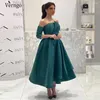 Party Dresses Verngo Simple Dark Green Satin A Line Evening Separate Sleeves Pleats Length Saudi Arabic Formal Prom Gowns