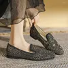 Casual Shoes Glitter Crystal&Rivet Ballets Ladies Cotton Fur Flats Winter Furry Loafers Women Square Toe Slip On Sparkle Gold Mocasines