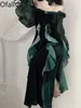 Casual Dresses ofallsis Vintage Green Rose Off Axel Fishtail Dress 2024 Autumn French Style Flower Wedding Elegance Evening