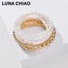 Beaded Strands CHIAO 2021 Trendy 6 Pieces Multi Layers Layering Stacked Pearl Gold Ball Beaded Bracelets Set283c