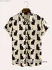 남성용 캐주얼 셔츠 남성 여름 귀여운 검은 고양이 인쇄 셔츠 haian 휴가 의류 남성 버튼 매일 셔츠 패션 비치 셔츠 YQ240422