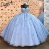 Sky Blue Sparkly Quinceanera قبالة الكتف الترتر كرة ثوب Tulle Party Sweet 15 16 فستان Quinceanera Anos