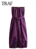 Casual Dresses 2024 Elegant Chic Female Chestless Taffeta Dress Slim With Belt Woman Sleeveless Purple Midi Mujer Vestidos