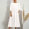 Casual Dresses Women's Fashion Solid Color Loose Cotton Linen Pocket Mid-Sleeve Long Dress Korean Recensioner Många kläder officiellt butik