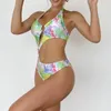 Swimwear féminin One Piece Floral Print Swimsuit Hollow Out Halter Bikini Summer Backless Bathing Trots de baignade