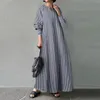 Casual Dresses Women Elegant Cotton And Linen Long Maxi Dress Fashion Striped Printed Round Neck Sleeved Pocket Simple Loose Swing Dresse