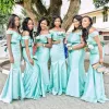 Light Green Bridesmaid Dresses Mermaid Off the Shoulder Satin Ribbon Beaded Custom Made Plus Size Country Beach Wedding Maid of Honor Gown vestidos