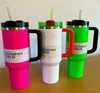 Nieuwe neon 40oz mokken Quencher Tumblers roze co-branded flamingo roestvrijstalen Valentines Day Gift Cups met siliconengreeplidstro 2e generatie reisauto