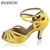 Buty taneczne Dileechi żółte satynowe krinność damska Łacińska samica miękka podeszwa tańca tańca na obcasie 8 cm