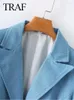 Costumes féminins 2024 Spring Causal Denim Blue Blazer Fashion Fashion Bouton Single Bouton Long Long Manche solide Femme Chic Coat