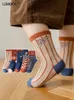 Ljmofa 5 çift sonbahar çocuk çorap bebek moda retro ekose kızlar çiçek vintage çoraplar baskı kawaii sevimli pamuk gündelik çoraplar c159 240407