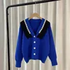 Frauen Strick kurzer farbiger Strickjacken Pullover Mantel 2024 Frühling Herbst Fashion Elegant Pin Bead V-Ausschnitt Langarm Strickoberteil