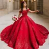 Glitter rode pailletten Appliques Princess Quinceanera kleedt van de schouder Long Charro Prom Sweet 16 -jurk met boog terug luxe Vestido de 15 VX Anos