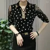 Blouses pour femmes Collier de remin-down Chic Diamonds Vêtements Sexy Gauze Lace Shirt Commute Polka Dot Élégant chemisier à paillettes