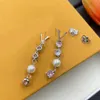 Elegant Drop Earrings Luxury Designers Pink Crystal Pearl Tassel Dangle Letter Charm Earrings 18K Gold 925 Silver Plated Ear Stud Rhinestone Women Wedding Jewelry