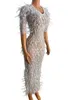 Stage Wear Sparkly Silver Rhinestone Mirror Elastic Fabric Long Dress Women Birthday Play Celebrate Dancer Party Show Bt