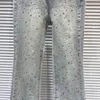 Dżinsy damskie 2024 Summer ciężki dhinestone podzielone dżinsowe spodnie Dziewczyno chude dla kobiet-flary spodnie